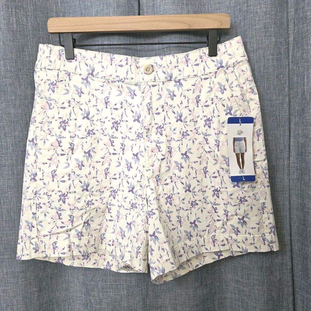 NWT Jachs Girlfriend Stretch Satin Chino Shorts Women's L White/Floral 5" Ins